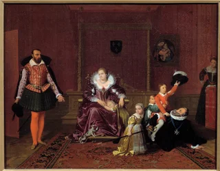 Król Francji Henryk IV (1553-1610) bawiący się z dziećmi przed ambasadorem Hiszpanii W centrum, królowa Maria Medycejska, dzieci to Ludwik XIII, Elżbieta Francuska, Krystyna Francuska i Mikołaj. Obraz Jeana Auguste Dominique Ing
