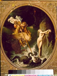 Roger deivrant Angelique Angelique (Angelica) zostaje wyzwolona przez Rogera (Ruggero, Ruggiero) jadącego na hipopazuru - Ilustracja do pieśni X „” Furious Roland” (Orlando furioso) autorstwa Ludovica Ariosto (Arioste) - Obraz Jean Auguste Dominique Ingres