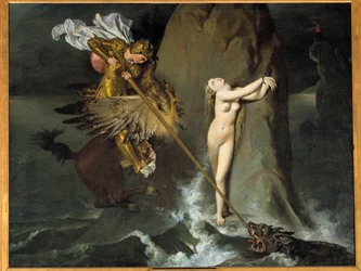 Roger deivrant Angelique Angelique (Angelica) zostaje wyzwolona przez Rogera (Ruggero, Ruggiero) jeżdżącego na hipopazuru - Ilustracja do pieśni X „” Furious Roland” (Orlando furioso) autorstwa Ludovica Ariosto (Arioste) - Obraz Jeana Auguste Dominique Ing