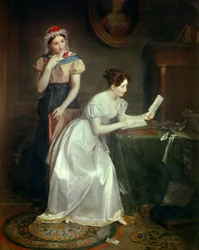 Odpowiedź na list Młoda kobieta spieszy, by odpowiedzieć na list swojego kochanka - Obraz Jean Augustin (Jean-Augustin) Franquelin (1798-1839) XIX w. Słońce 0,46x0,38 m