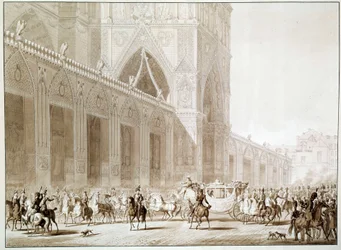 Przybycie powozem cesarza Napoleona I (1769-1821) i Impress Josephine de Beauharnais (1763-1814) do katedry Notre Dame de Paris w dniu Świętej Druki według „Księgi Najświętszego” Jeana Baptiste Isabeya ( 1767-1855) XIX wiek
