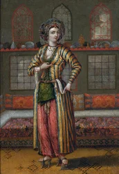 ""Portret szlachty Konstantynopola w butach do hammamu"" (Szlachetna dama Konstantynopola w butach do hammamu) Obraz ze szkoły Jean Baptiste Vanmour (Van Mour) Olej na płótnie, 25,5x18 - Kolekcja prywatna