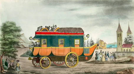 Samochód (lub pracowitość) ma parę: francuski wynalazek z 1835 roku. Grawerowanie autorstwa Ange Tissier (1814-1876). 1835. Kolekcja prywatna
