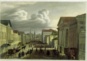 Ulica Tverskaya w Moskwie (ulica Tverskaya w Moskwie). Dzieło Auguste Jean Baptiste Antoine Cadolie (1782-1849), litografia, kolorowanie akwarelą