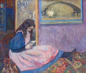 Wykład - Czytanie Guillaumina, Armanda (1841-1927). Gwasz i Tempera na płótnie, ok. 1890-1895. Wymiar : 60x73 cm. Prywatna kolekcja