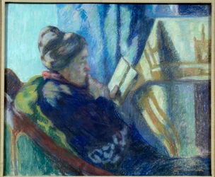 Czytanie Stara kobieta czyta książkę w swoim krześle. Obraz Jeana Baptiste Armanda Guillaumina (1841-1927) Metz z XIX wieku, Musee des Beaux Arts