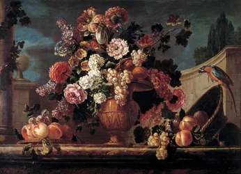 Kwiaty, owoce i papugi Obraz Jean Blin (lub Blain lub Belin) z Fontenay (1653-1715) XVIII-wieczny Orlean. Muzeum Sztuk Pięknych