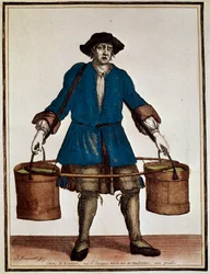 Nośnik wody, kolorowana rycina autorstwa Henri Bonnarta (1642-1711) i Jean Baptiste Bonnarta (1654-1726), z Recueil des modes de la cour de France