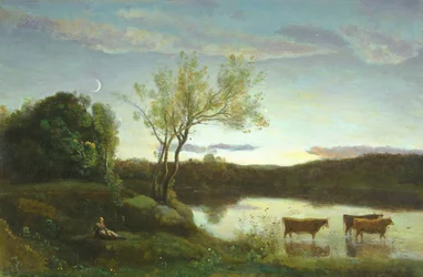 Staw z trzema krowami i sierpem księżyca, ok. 1850