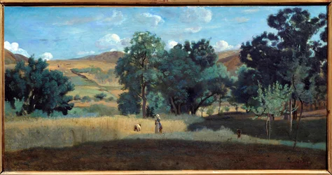 Pole pszenicy w Morvan w 1842 r. Obraz Camille Corot (1796-1875) 1842 nd. 0,38x0,75 m Lyon, Muzeum Sztuk Pięknych