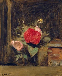 Bukiet kwiatów w szklance obok garnka na tytoń, ok. 1873-74