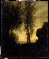 Siedząca koza grająca na flecie na polanie. Obraz Camille Corot (1796-1875)