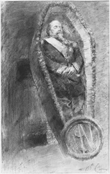 Cesarz Napoleon III w swojej trumnie podczas nabożeństwa pogrzebowego odprawianego w kościele w Chislehurst w Anglii 13 stycznia 1873 r. (węgiel i biała kreda)