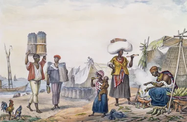 Czarni ludzie sprzedający węgiel i kukurydzę, z „Voyage Pittoresque et Historique au Brésil”, rytował Thierry Frères, 1839