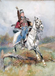 Francuski kawalerzysta na koniu, 1900 (toaleta i gwasz na papierze)