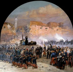 Wyprawa Konstantyna podczas podboju Algierii (1830-1847): „”Msza pogrzebowa (pogrzeb) generała Denisa de Damremonta (1783-1837) odprawiona 18.10.1837 przed breche Konstantyna w Algierii dzień po szturm”” Obraz Edou