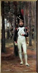 Grenadier na piechotę gwardii Imperiale w 1806 r. Obraz Edouarda Detaille (1848-1912) Nd. 1,10 X 0,58 m Paryż. Muzeum Armee