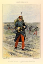 Typy i umundurowanie francuskiego Armee kapitana Julesa Richarda, zilustrowane przez Edouarda Detaille (1848-1912): Piechota liniowa; Clairon w stroju polowym w 1885 r., kolekcja prywatna