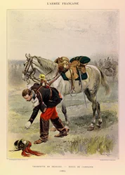 Typy i mundury francuskiej armii kapitana Julesa Richarda, zilustrowane przez Edouarda Detaille (1848-1912): Trąbka smoków w stroju wiejskim z 1885 r., kolekcja prywatna