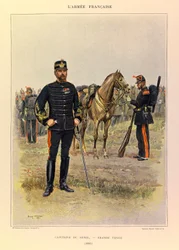 Typy i mundury francuskiego Armee kapitana Julesa Richarda, zilustrowane przez Edouarda Detaille (1848-1912): Kapitan dżinów w świetnym stroju w 1887 r., Kolekcja prywatna