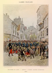 Typy i umundurowanie francuskiego Armee kapitana Julesa Richarda, zilustrowane przez Edouarda Detaille (1848-1912): Piechota liniowa: Przybycie na scenę podczas głównych manewrów w 1885 r., Zbiory prywatne
