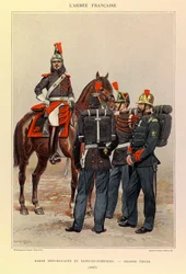 Typy i mundury francuskiego Armee kapitana Julesa Richarda, zilustrowane przez Edouarda Detaille (1848-1912): Gwardia Republikańska i strażacy w wielkim stroju w 1887 r., kolekcja prywatna