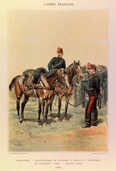 Typy i mundury francuskiego Armee kapitana Julesa Richarda, zilustrowane przez Edouarda Detaille (1848-1912): Artyleria: podoficer baterii na koniach i artylerzyści baterii pieszo w dużym stroju w 1886 r., zbiory prywatne