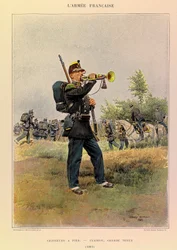 Typy i umundurowanie francuskiej Armee Kapitana Julesa Richarda, zilustrowane przez Edouarda Detaille (1848-1912): Łowcy pieszo: Trąbka w wielkim stroju z 1885 r., Zbiory prywatne