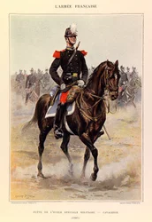 Typy i umundurowanie francuskiego Armee kapitana Julesa Richarda, zilustrowane przez Edouarda Detaille (1848-1912): Uczeń specjalnej szkoły wojskowej: Kawaleria w 1885 r., zbiory prywatne