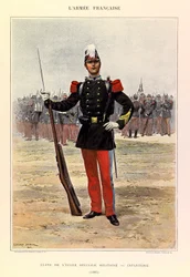 Typy i umundurowanie francuskiego Armee kapitana Julesa Richarda, ilustr. Edouard Detaille (1848-1912): Uczeń specjalnej szkoły wojskowej: piechota w 1885 r., zbiory prywatne