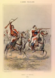 Typy i mundury francuskiego Armee kapitana Julesa Richarda, zilustrowane przez Edouarda Detaille (1848-1912): Spahis a la Fantasia in 1886, kolekcja prywatna