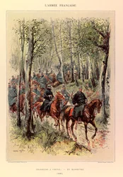 Typy i mundury francuskiego Armee kapitana Julesa Richarda, zilustrowane przez Edouarda Detaille (1848-1912): Łowcy koni w manewrach w 1885 r., Kolekcja prywatna