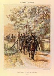 Typy i mundury francuskiego Armee kapitana Julesa Richarda, zilustrowane przez Edouarda Detaille (1848-1912): Żandarmeria w stroju polowym w 1887 r., kolekcja prywatna