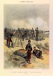 Typy i mundury francuskiego Armee kapitana Julesa Richarda, zilustrowane przez Edouarda Detaille (1848-1912): Bateria artylerii zamontowana w mundurze polowym w 1887 r., Kolekcja prywatna