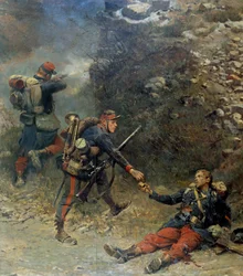 Wojna 1870: „Dno Giberny”” Ranny piechur oddaje swoje ostatnie pociski swojemu towarzyszowi podczas bitwy pod Champigny (11.11.1870). Fragment obrazu Jean-Baptiste-Edouarda Detaille (1848-1912) i Alphonse de Neuville (Deneuvi