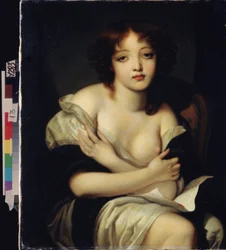""List"" (List) Młoda naga dziewczyna z melancholijnym wyrazem twarzy, trzymająca list miłosny. Obraz Jeana Baptiste Greuze (1725-1805) Państwowe Muzeum Posiadłość Archangielska, Moskwa