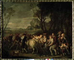 „Pierwsza bruzda” (Pierwsza bruzda) Święto chłopskie organizowane z okazji odnalezienia pierwszej bruzdy wykopanej na początku orki. Obraz Jeana Baptiste Greuze (1725-1805) 1801 Muzeum Puszkina, Moskwa