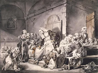Nauczyciel w szkole par Greuze, Jean-Baptiste (1725-1805). Pióro, pędzel, kolor szaro-brązowy, akwarela na papierze, format : 27,8x33,8, ok. 1764-1765, Państwowy Ermitaż, St. Petersburg