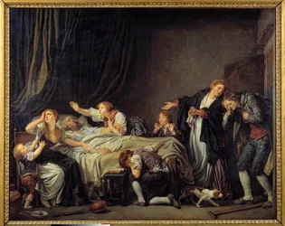 Ukarany syn. Syn wraca do domu i zastaje rodzinę płaczącą przy łóżku zmarłego ojca. 1778. Słońce. 1,3 x 1,63 m