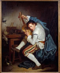 Gitarzysta, czyli ptak, który wracając z polowania obdarowuje swoją gitarę Obraz Jeana Baptiste Greuze (1725-1805) XVIII-wieczne Słońce. 0,71x0,57 m Nantes, Muzeum Sztuk Pięknych