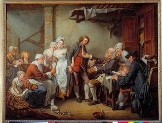 Wiejski akordeon Ojciec panny młodej daje dote swojemu zięciowi. Obraz Jeana Baptiste Greuze (1725-1805). 1761 niedz. 0,92 x 1,17 m.