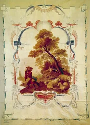 Wilk został pasterzem Ilustracja do bajki Jeana de La Fontaine. Gobelin Jeana Baptiste Hueta (1745-1811) wykonany w manufakturze Beauvais. XVIII-wieczny Paryż, meble narodowe.