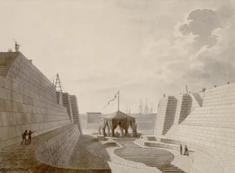 Suchy dok w Cherbourgu, lipiec 1813 (pióro, atrament i toaleta na papierze)
