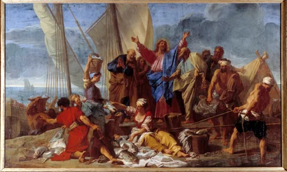 Cudowny grzech wskrzeszony przez Jezusa wskazuje apostołowi najlepsze miejsce do grzechu. Obraz Jeana Jouveneta (1644-1717) 1706 Nd. 3,92x6,64 m²
