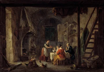 Scena benedyktycka posiłku w rodzinie chłopskiej, modlitwa. Obraz Jeana Baptiste Lallemanta (1710-1803) XVIII-wieczny Bourg en bresse, Musee de Brou