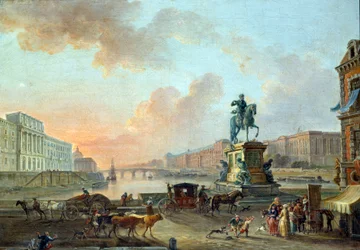 Widok na Monnaie, Pont Royal i Luwr z mostu Pont Neuf około 1775 r. Obraz Jeana Baptiste Lallemanda (1710-1803) 1775 r. 0,53x0,64 m Paryż, Musee Carnavalet
