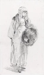 Rosjanka w futrzanej mufce par Le Prince, Jean-Baptiste (1734-1781), Między 1758 a 1761 - Czarna kreda na papierze, 22,9x13,8 - Kolekcja prywatna