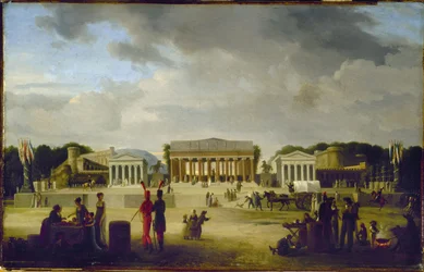Vue du grand théâtre élevé sur la place de la Concorde pour la fête de la Paix, le 18 brumaire, an X (9 novembre 1801), 1801 (olej na drewnie)