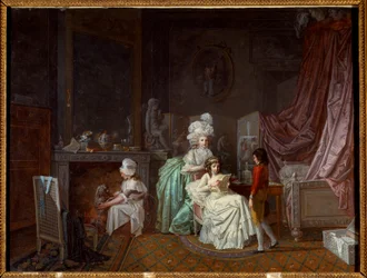 Fryzura rodzinna w zaciszu sypialni, mama grzeje córkę, która czyta. Inny bawi się z psem. Obraz Jeana Baptiste Mallet (1759-1835) XVIII-wieczny Paryż, Sztuka dekoracyjna