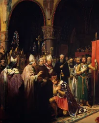 Król Ludwik VII (1120-1180) przejmuje oriflame w Bazylice Saint Denis (Saint Denis) w obecności królowej Akwitanii Alienor i odbiera trzmiel i pannetiere pelerin z rąk papieża Eugeniusza III (? -1153) przed jego odejściem